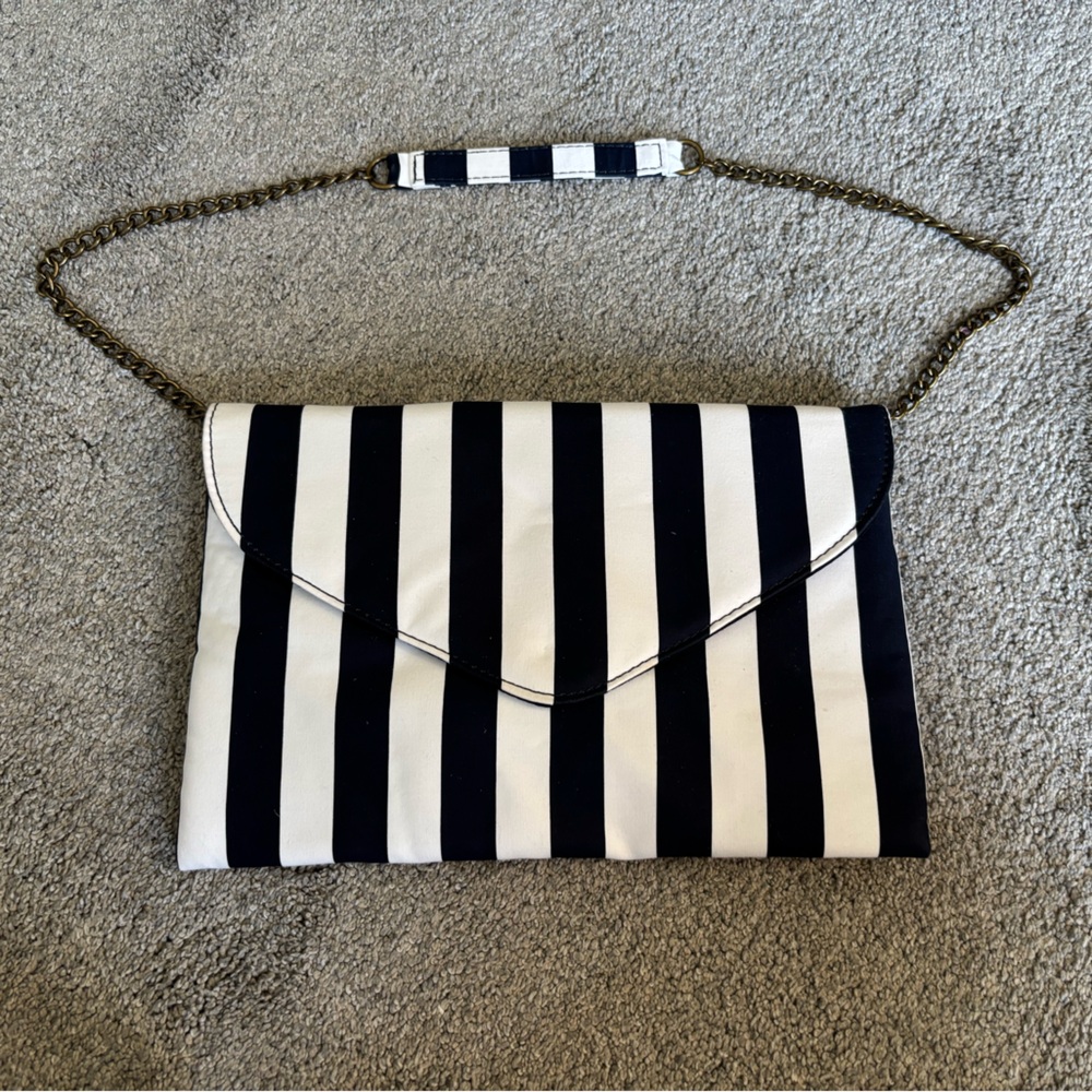 Jcrew Factory navy/white striped clutch with strap, NWT